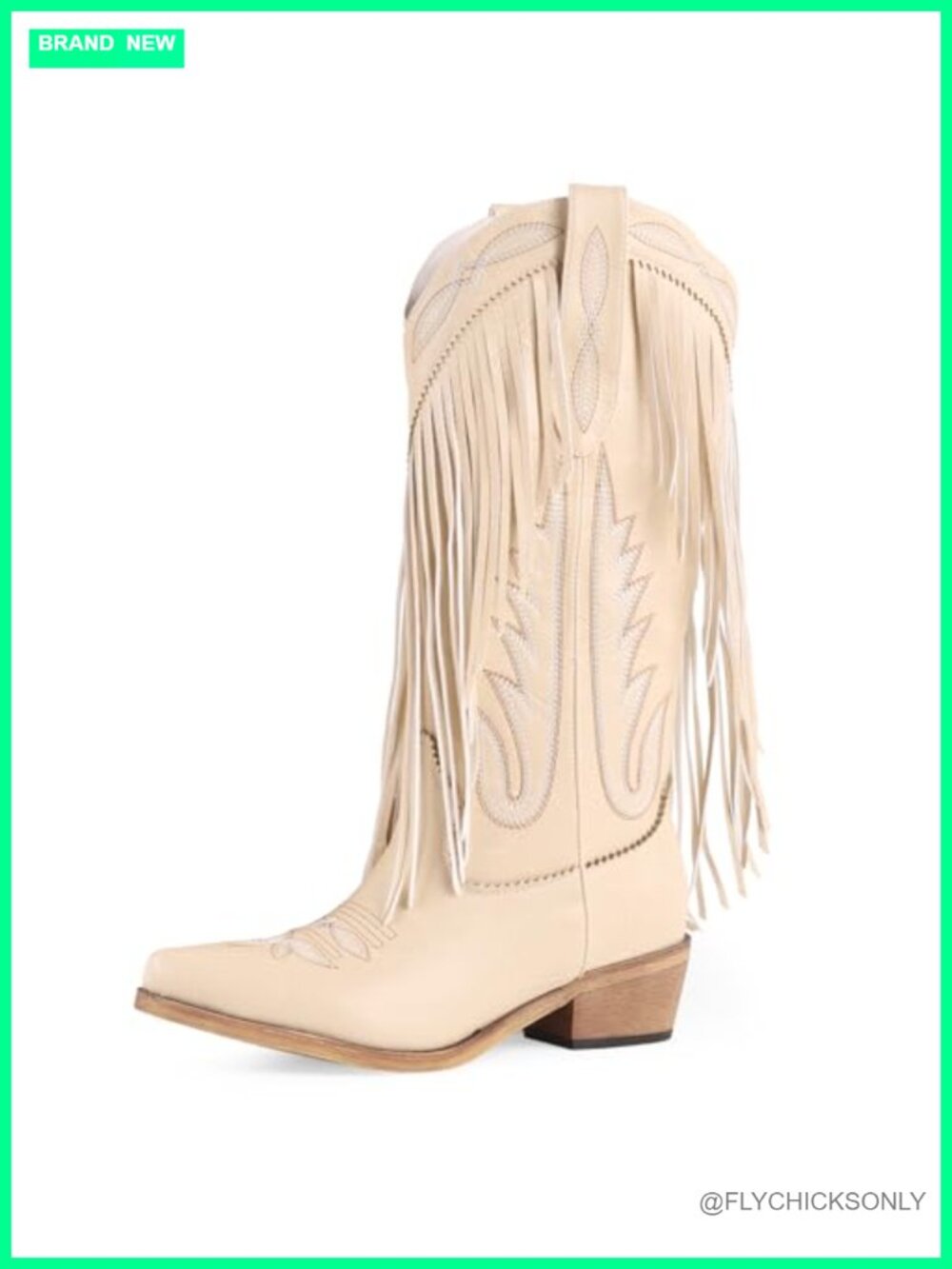 Western Cowgirl Boots Faux Leather Pointed Toe Chunky Heel Mid-Calf Fringe